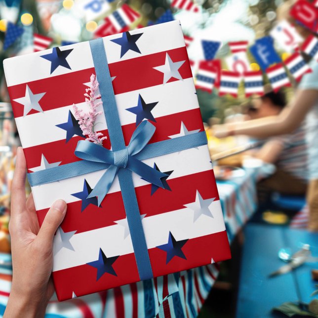 Papel De Presente Estrelas e Listras Vermelhas e Brancas Americanas (Criador carregado)