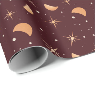 Papel De Presente Estrelas e luas mágicas Vinho Vermelho sofistica