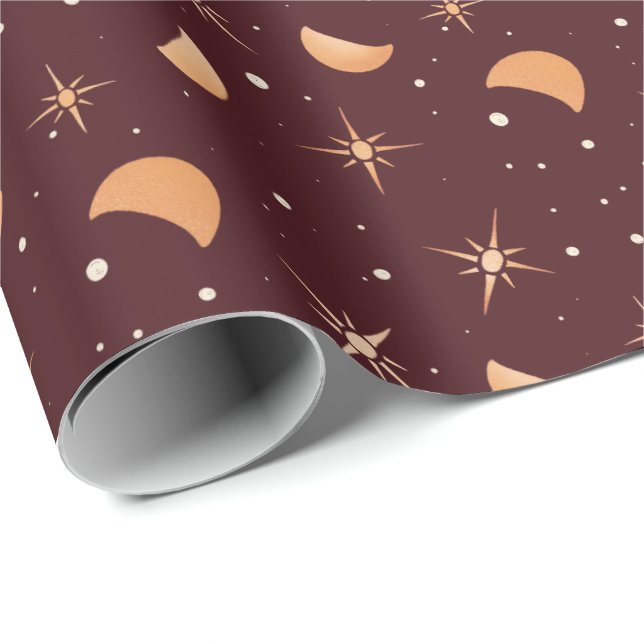 Papel De Presente Estrelas e luas mágicas | Vinho Vermelho sofistica (Ponta do rolo)