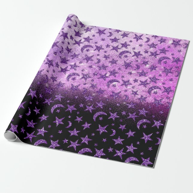 Papel De Presente Estrelas e Maçã Preta Roxo-Roxo-Roxo (Desenrolado)