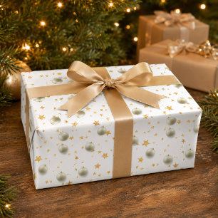 Papel De Presente Estrelas e Ornamentos de Natal em Dourado Elegante