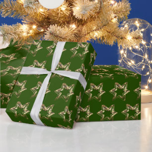 Papel De Presente Estrelas Elegantes Padrão Natal Verde e Dourado