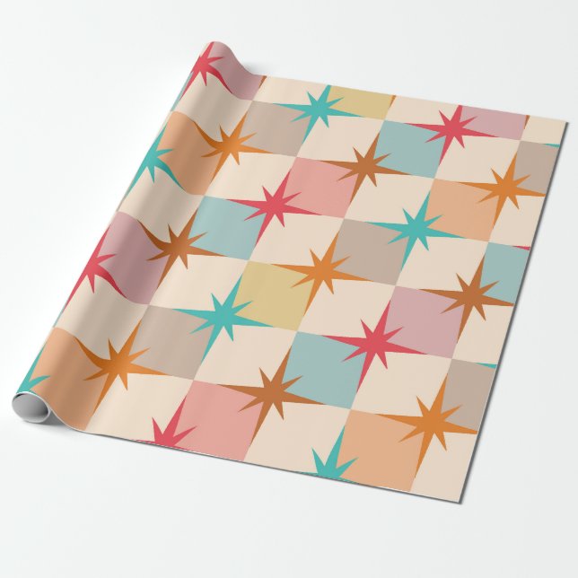 Papel De Presente Estrelas Explodindo de Meados do Século em Xadrez  (Desenrolado)