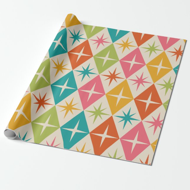 Papel De Presente Estrelas Explosivas de Meados do Século em Diamant (Desenrolado)