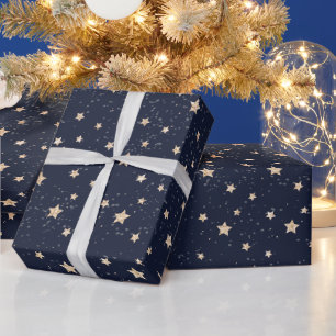 Papel De Presente Estrelas festivas de Natal dourado padrão azul
