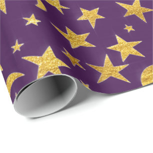 Papel De Presente Estrelas Lua Preta Céu Negro Dourado Lavanda Roxo