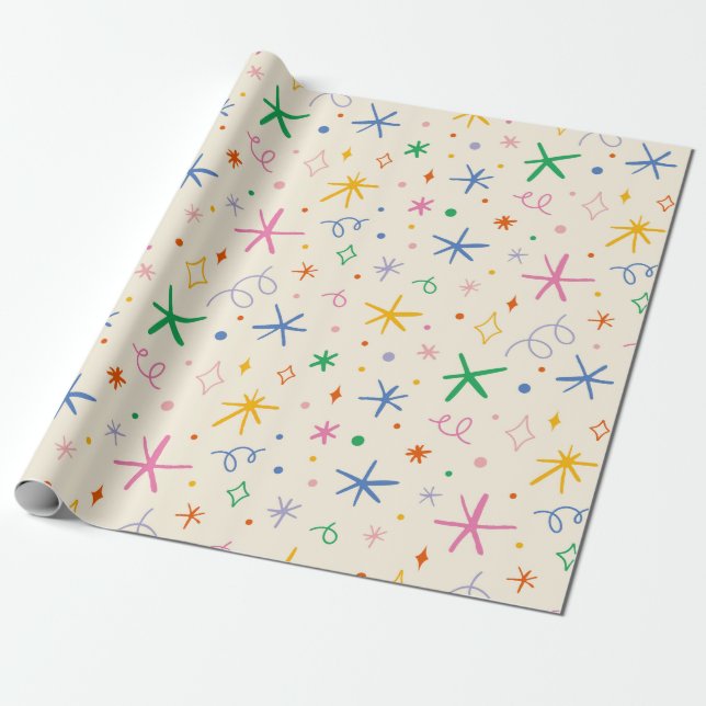 Papel De Presente Estrelas lúdicas e espirais coloridas (Desenrolado)