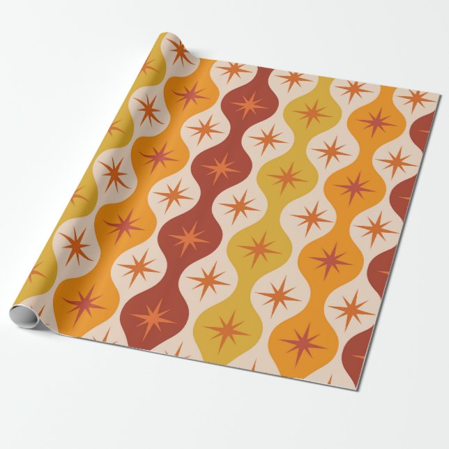 Papel De Presente Estrelas Mod Laranja de Meados do Século em padrão (Desenrolado)