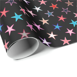 Papel De Presente Estrelas Modernas Piscando, Cores de Joia em Preto