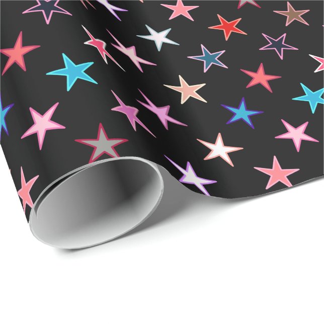 Papel De Presente Estrelas Modernas Piscando, Cores de Joia em Preto (Ponta do rolo)