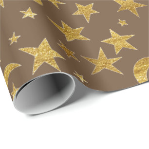 Papel De Presente Estrelas Moon Bronze Maroon Dourado Champaço do Cé