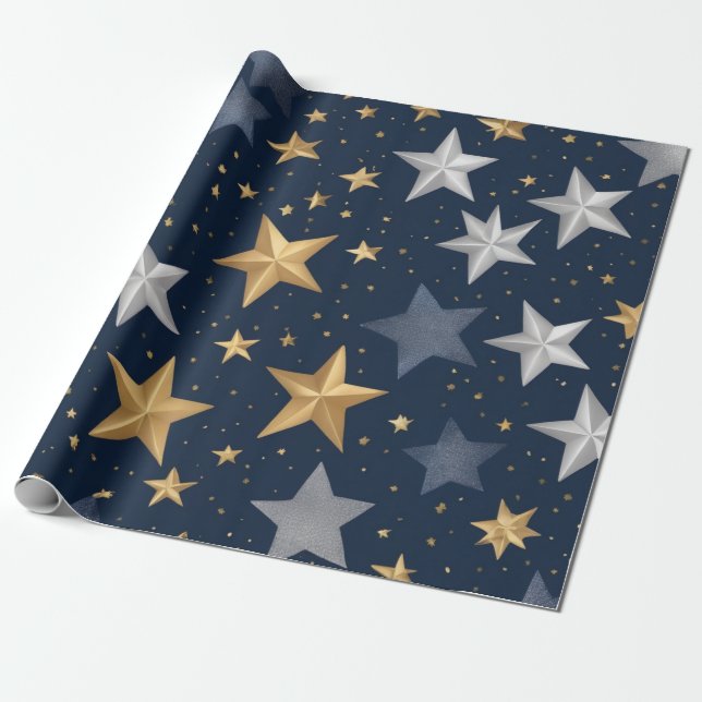 Papel De Presente Estrelas ouros e prateadas dispersas (Desenrolado)