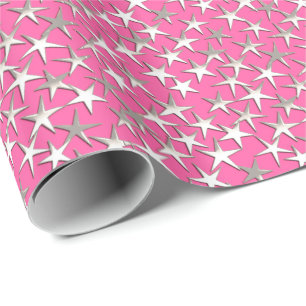 Papel De Presente Estrelas prateadas de rosa fuchsia