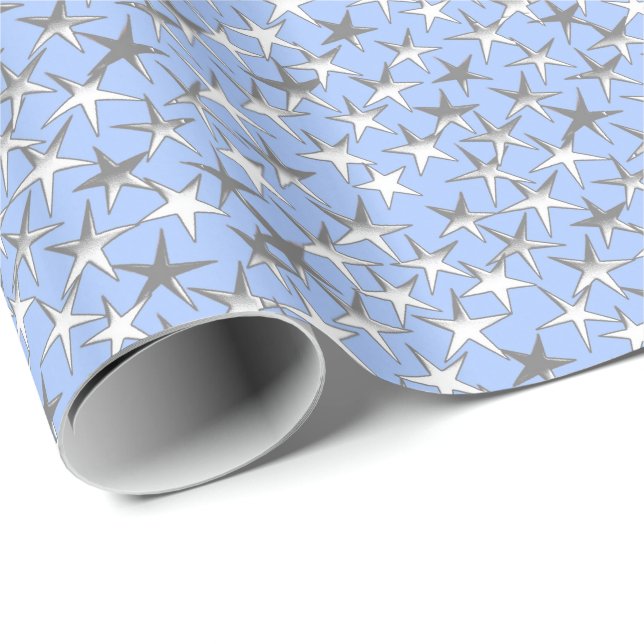 Papel De Presente Estrelas prateadas, em azul pálido (Ponta do rolo)