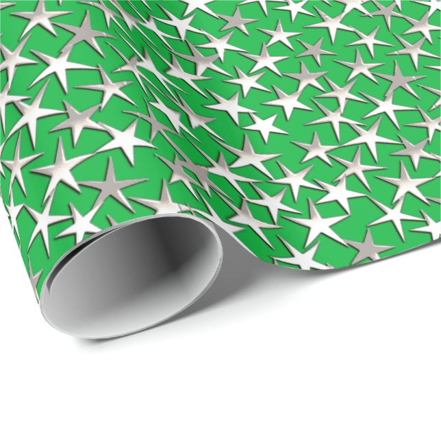 Papel De Presente Estrelas prateadas em verde esmeralda (Ponta do rolo)