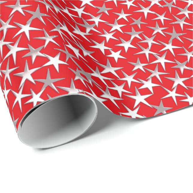 Papel De Presente Estrelas prateadas em vermelho escuro (Ponta do rolo)