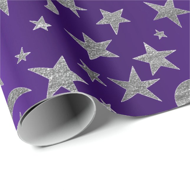 Papel De Presente Estrelas Prateadas Lua Céu Metálico Ametista Roxo- (Ponta do rolo)
