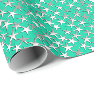 Papel De Presente Estrelas prateadas na turquesa