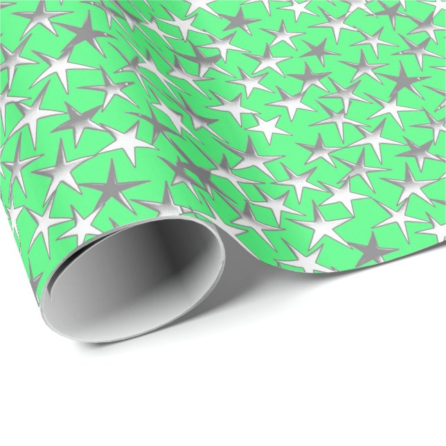 Papel De Presente Estrelas prateadas no verde limão (Ponta do rolo)