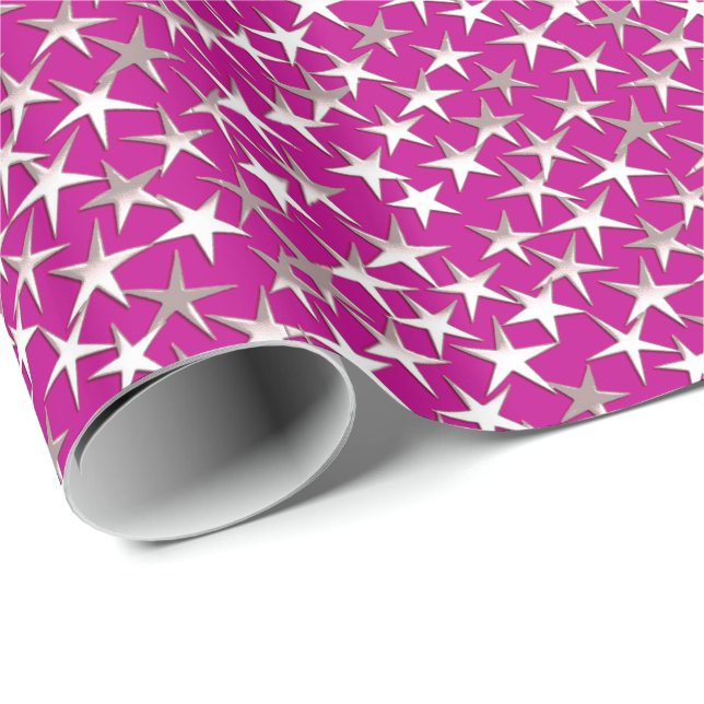 Papel De Presente Estrelas prateadas sobre roxo ametista (Ponta do rolo)