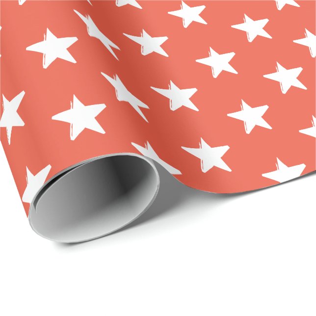 Papel De Presente Estrelas: presente de padrão branco e laranja escu (Ponta do rolo)