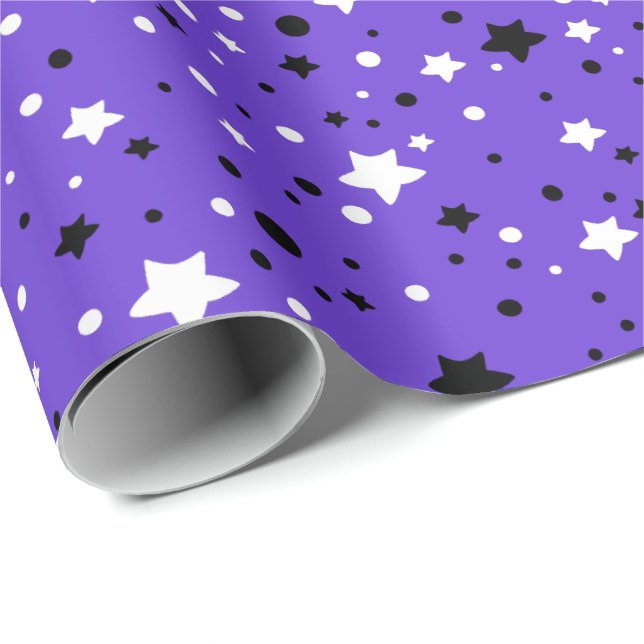 Papel De Presente estrelas pretas e brancas em roxo (Ponta do rolo)