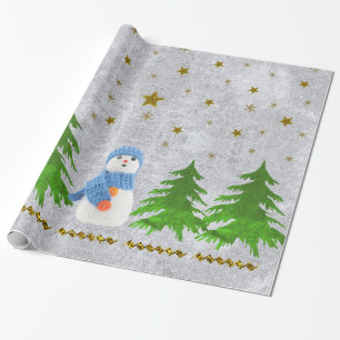Papel De Presente Estrelas Sparkly do ouro, boneco de neve e árvore