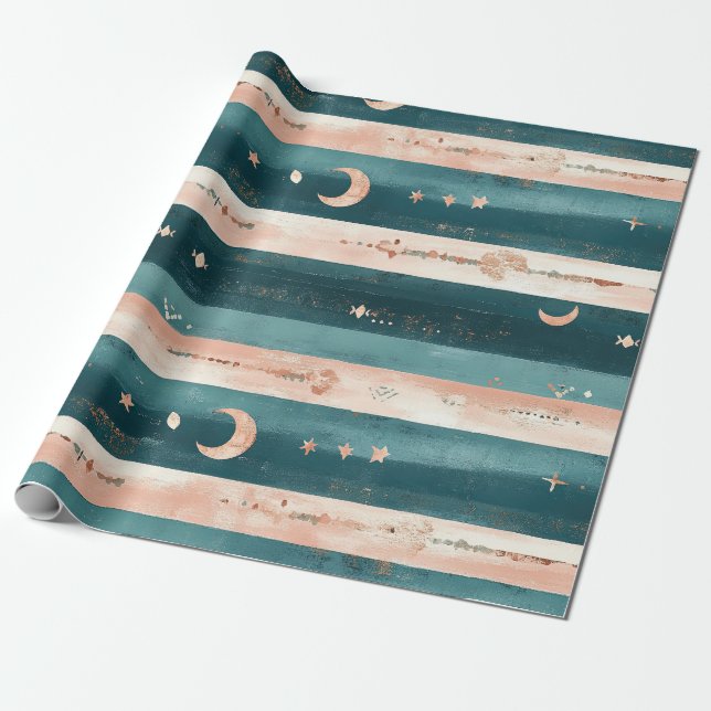 Papel De Presente Estrelas Tribais Clay & Teal e Faixa da Lua (Desenrolado)