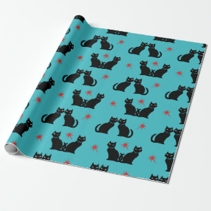 Papel De Presente Estrelas vermelhas do Gatinho de Gato Preto Retro 