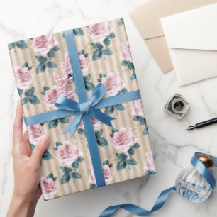 Papel De Presente Estrias Amarelas e Rosas de Chá Rosa Todas as Ocas