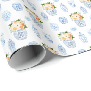 Papel De Presente Eterno Flores De Outono Azul Branco E Laranja