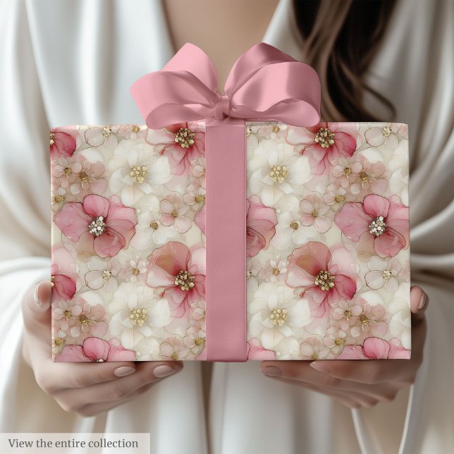 Papel De Presente Ethereal blush and gold floral birthday wrap roll (Ethereal blush and gold floral birthday wrap roll)