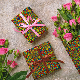 Papel De Presente Etnia Geométrica Vermelho Azul e Amarelo Vintage T