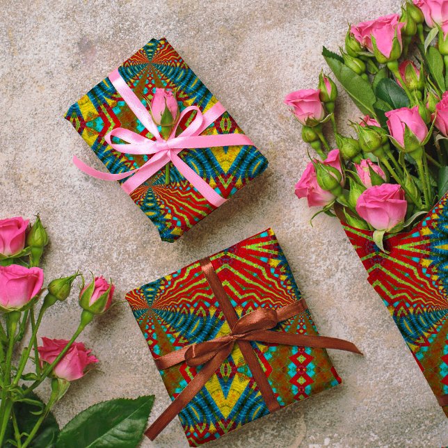 Papel De Presente Etnia Tribal Azul, Vermelho e Amarelo (Criador carregado)