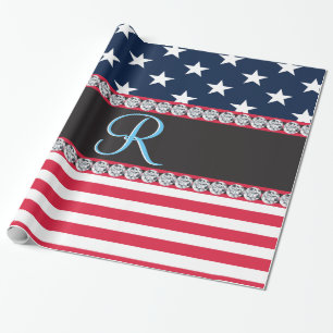 Papel De Presente EUA Stars Stripes Script Monograma Dazzling