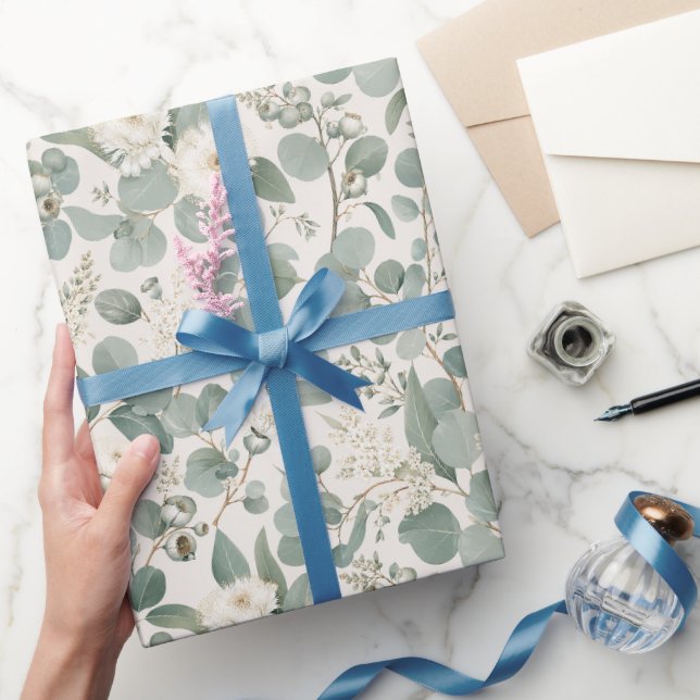 Papel De Presente Eucalipto Orgânico e Flores Modernas (Presentear)