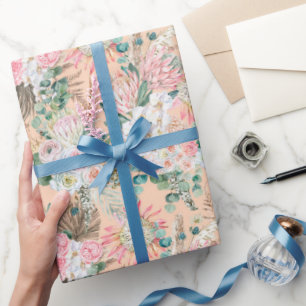 Papel De Presente Eucalipto Rosa Branco Floral Boho Nupcial Aniversá