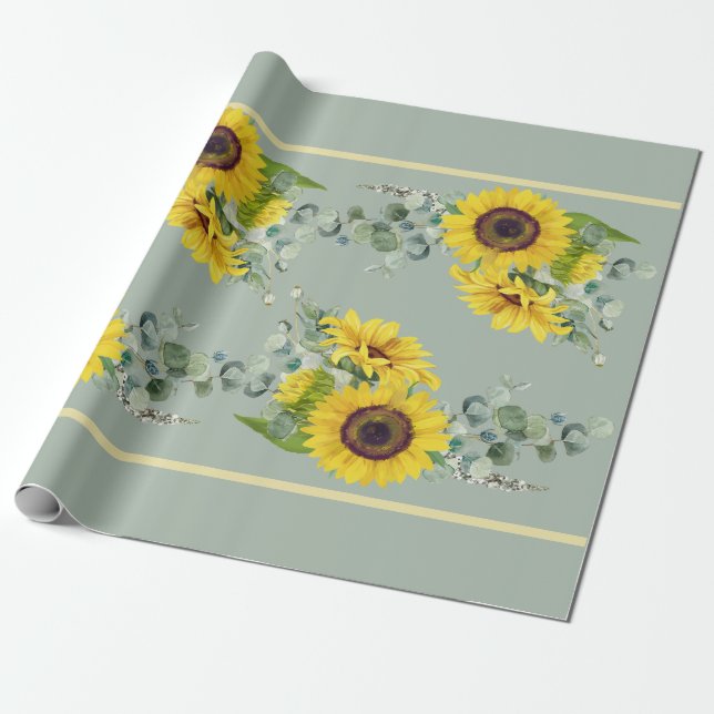 Papel De Presente Eucalpytus Greenery, girassol Dourado (Desenrolado)