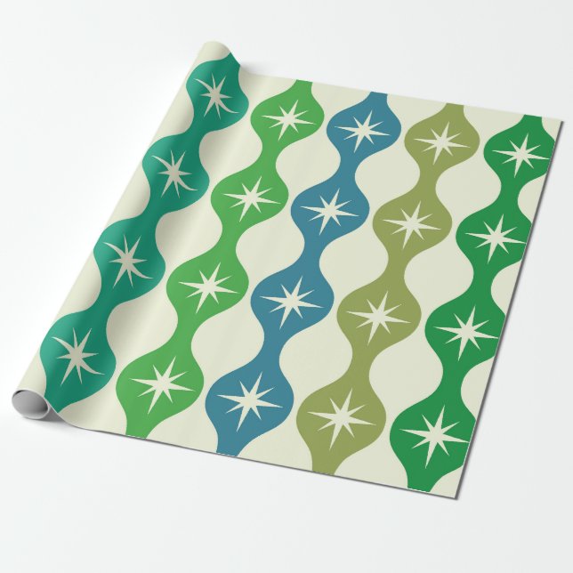 Papel De Presente Explosões de Estrelas Retro de Meados do Século em (Desenrolado)