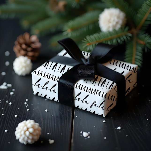 Papel De Presente FA LA LA Black & White Typografia Christmas Carol (FA LA LA Black & White Typographic Christmas Carol Wrapping Paper)