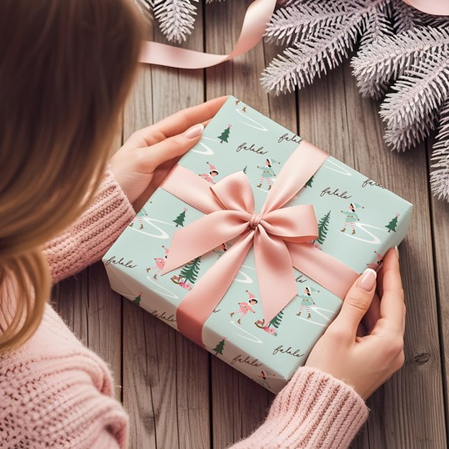 Papel De Presente Fa La La Cute Pink Elf Ice Skating Girly  (Fa La La Cute Pink Elf Ice Skating Girly Wrapping Paper)