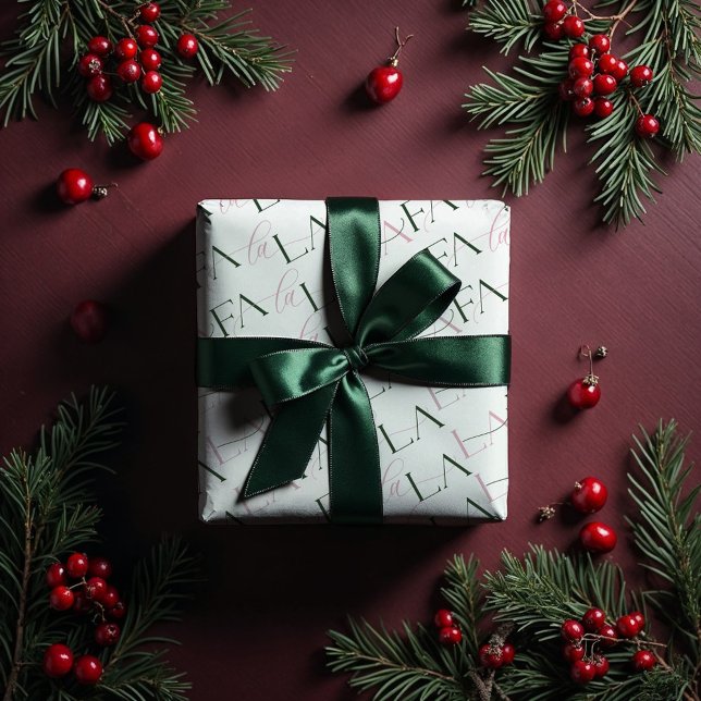 Papel De Presente Fa La Typographics Christmas Carol White (Fa La La Green & Pink Typographic Christmas Carol Wrapping Paper)