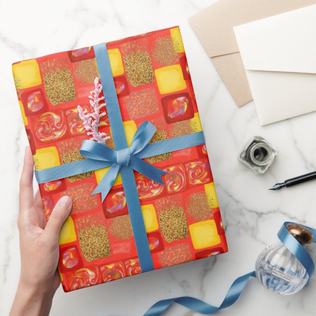 Papel De Presente Faca de Glitter de Faus Quadrado Vermelho e Amarel (Presentear)