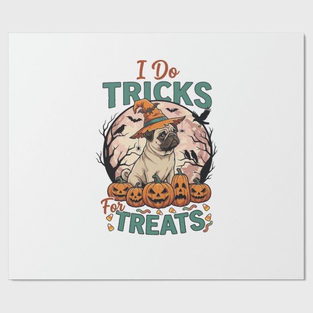 Papel De Presente Faça Truques Guloseimas Halloween Pug Bruxa Chapéu (Aberto)