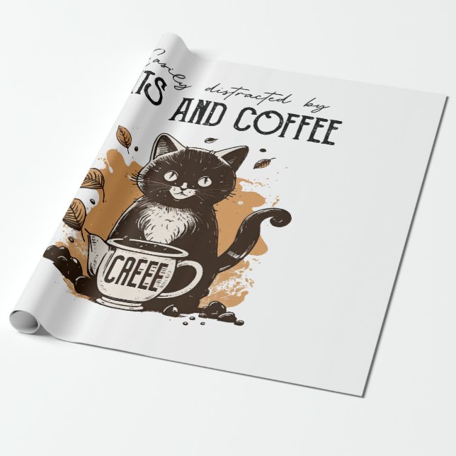 Papel De Presente Fácil Distração Por Gatos E Café Cat Lovers Co (Desenrolado)