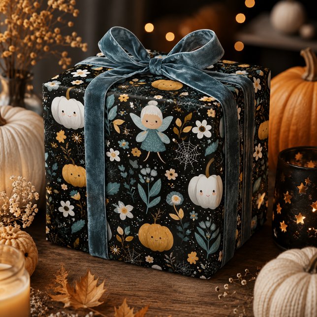Papel De Presente Fada Assustadoramente Fofa de Halloween com Abóbor (Criador carregado)
