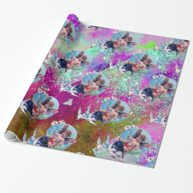 PAPEL DE PRESENTE FADA BEBÊ COM POMBOS EM FAÍSCAS ROLAS AZUIS (Desenrolado)