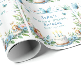 Papel De Presente Fada Borboleta Pastel Azul - Primeiro Aniversário