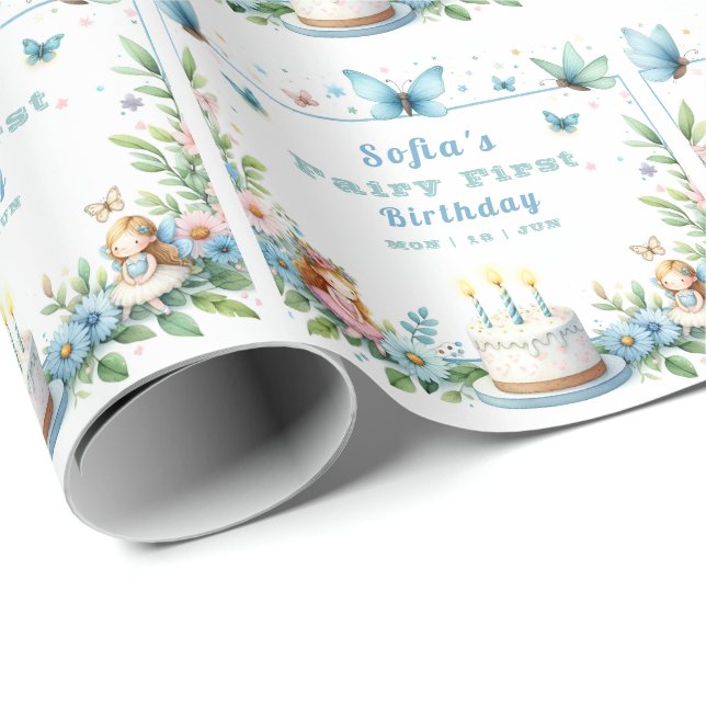 Papel De Presente Fada Borboleta Pastel Azul - Primeiro Aniversário (Ponta do rolo)