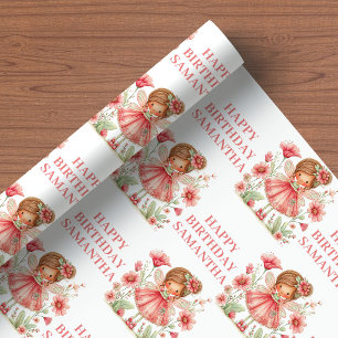 Papel De Presente Fada Caprichosa Menina de 1º Aniversário Rosa Bege